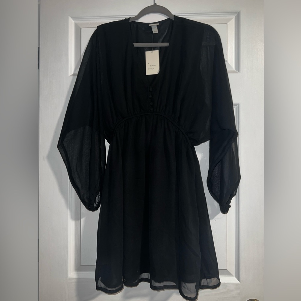 NWT Women's Balloon Long Sleeve Mini Dress - A New Day Black M